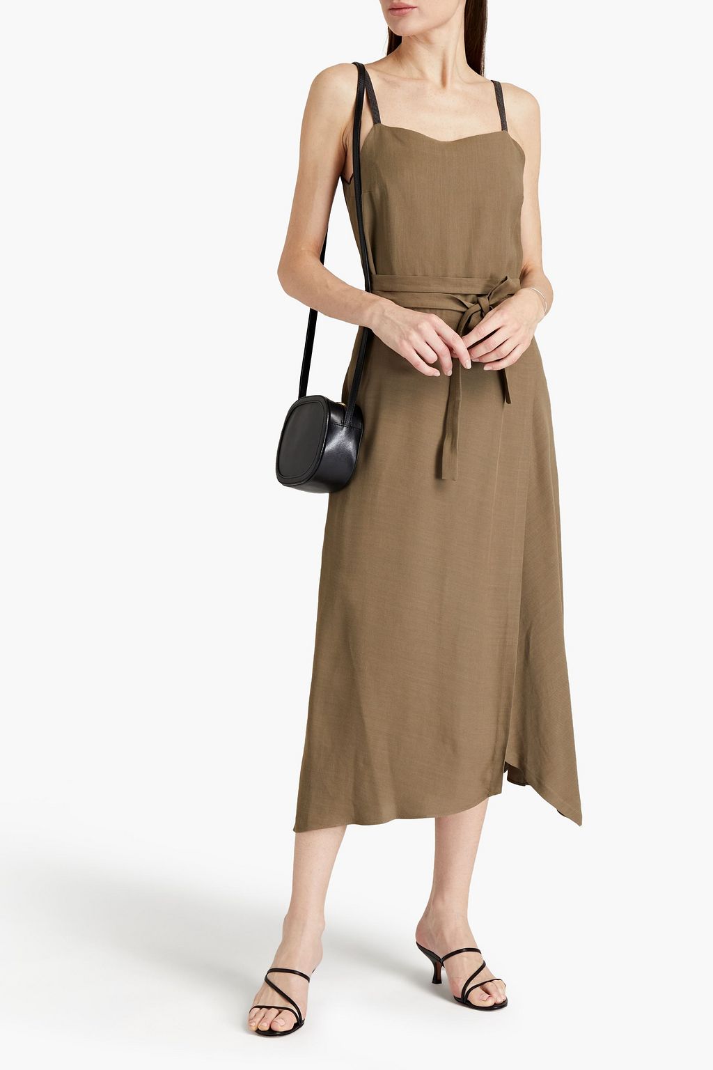 BRUNELLO CUCINELLI Bead-embellished wrap-effect slub woven midi dress