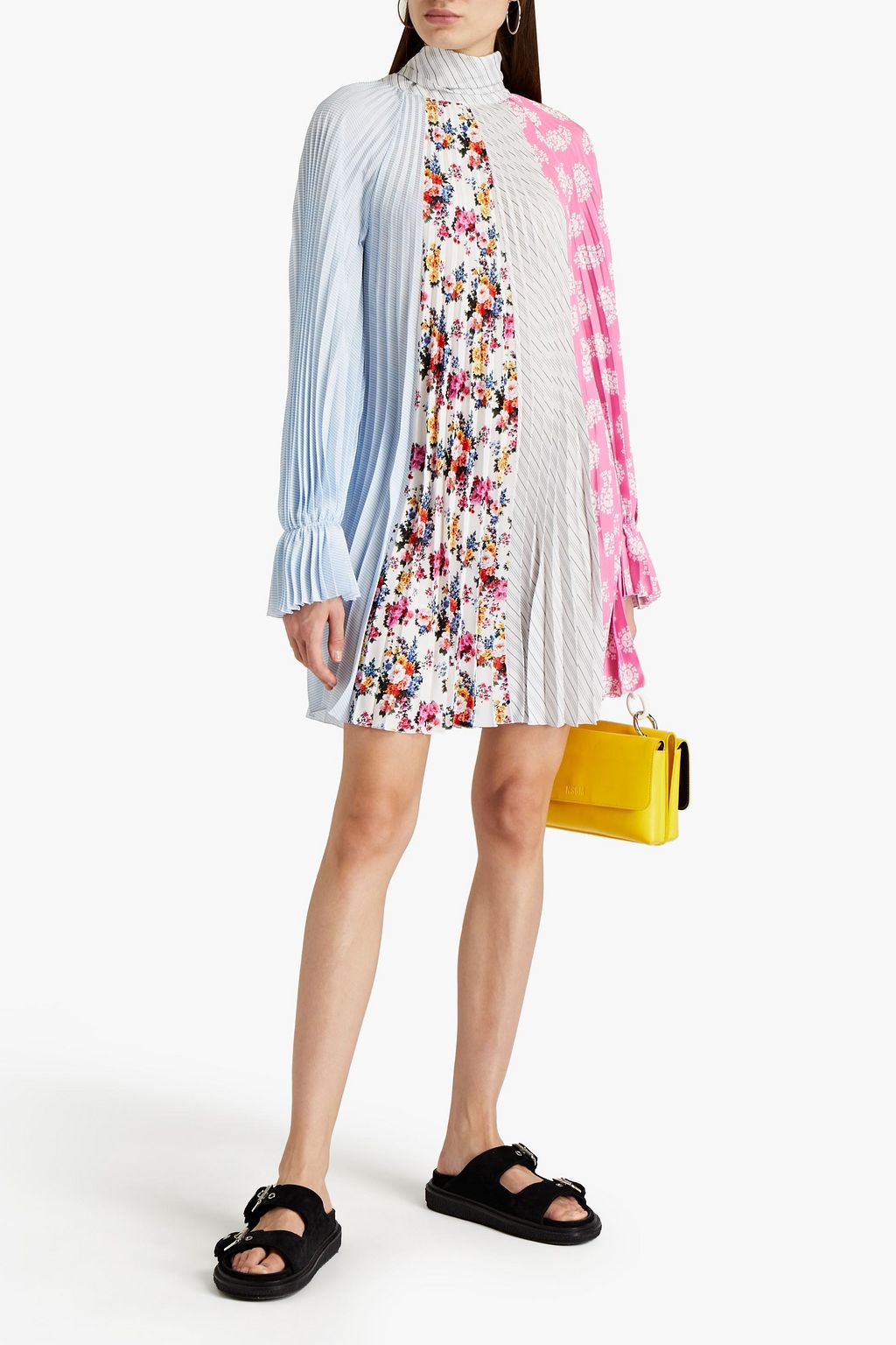 MSGM Tie-neck pleated printed crepe de chine mini dress