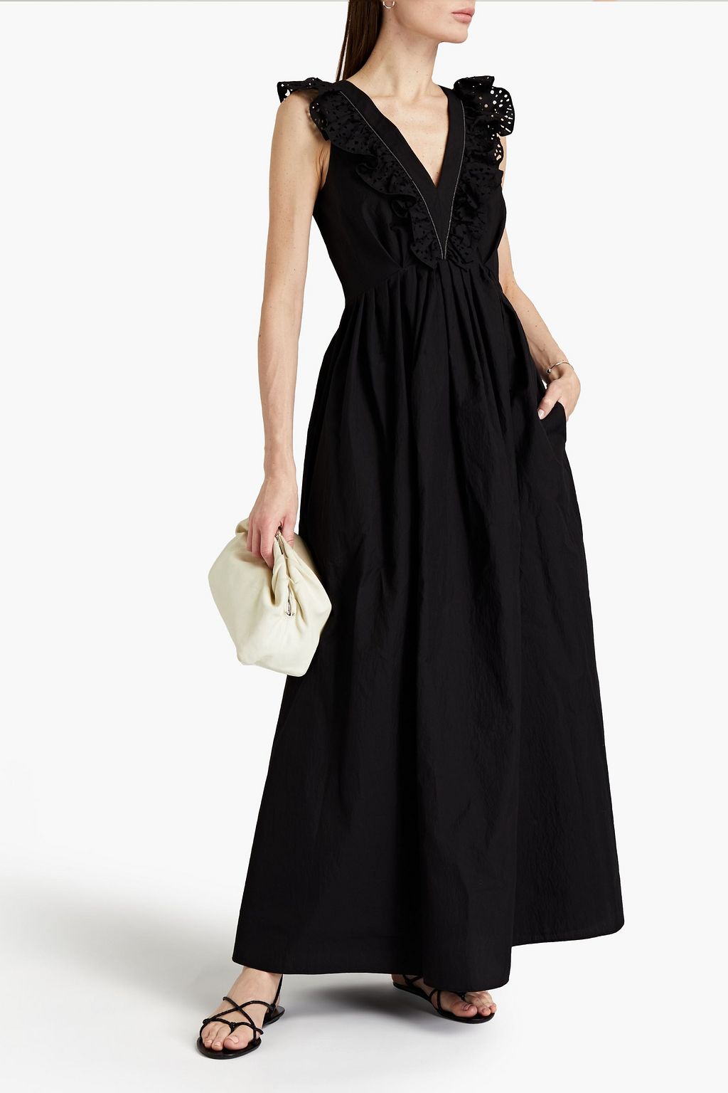 BRUNELLO CUCINELLI Gathered bead-embellished cotton-blend poplin maxi dress