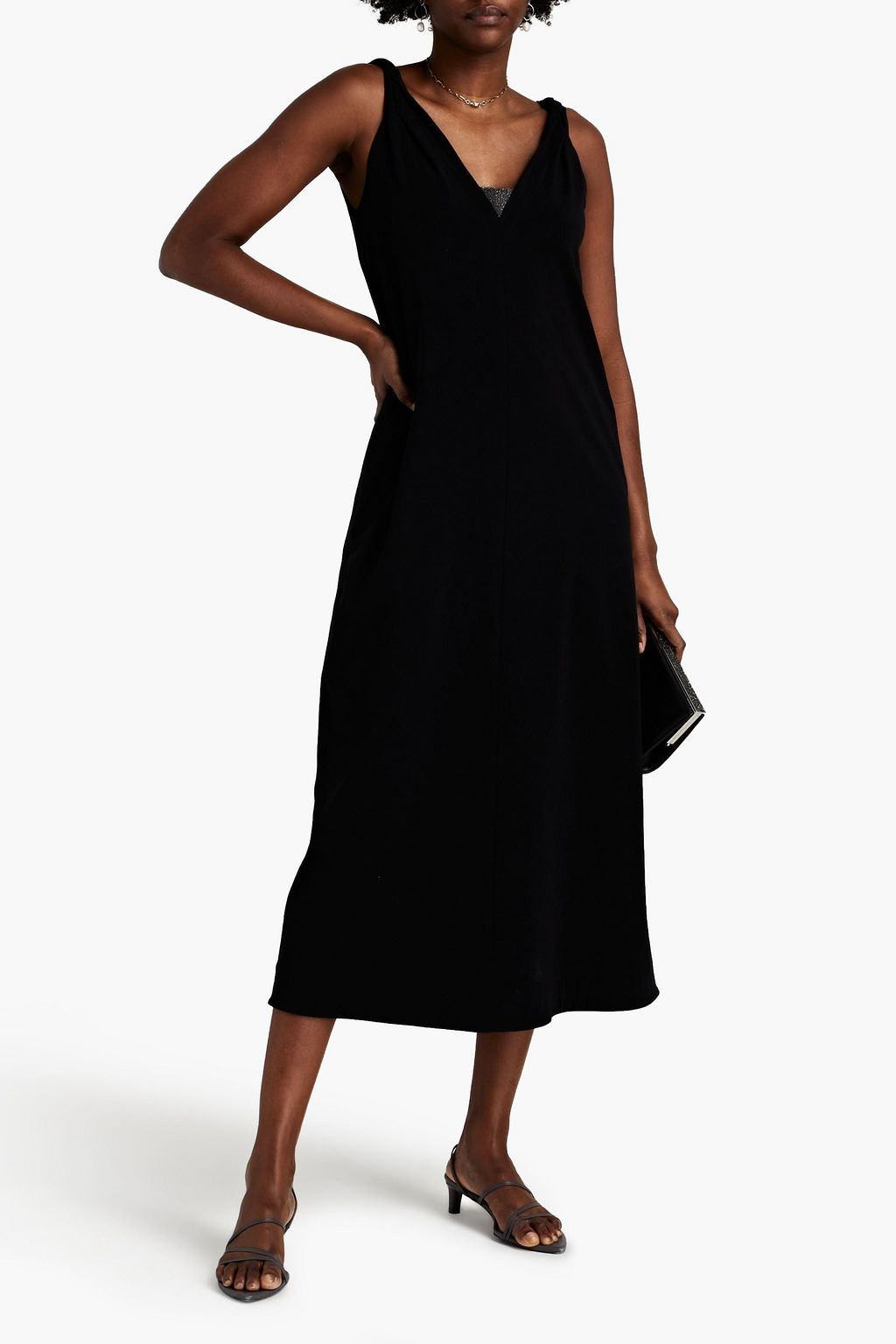 BRUNELLO CUCINELLI Bead-embellished twisted cotton-blend jersey midi dress