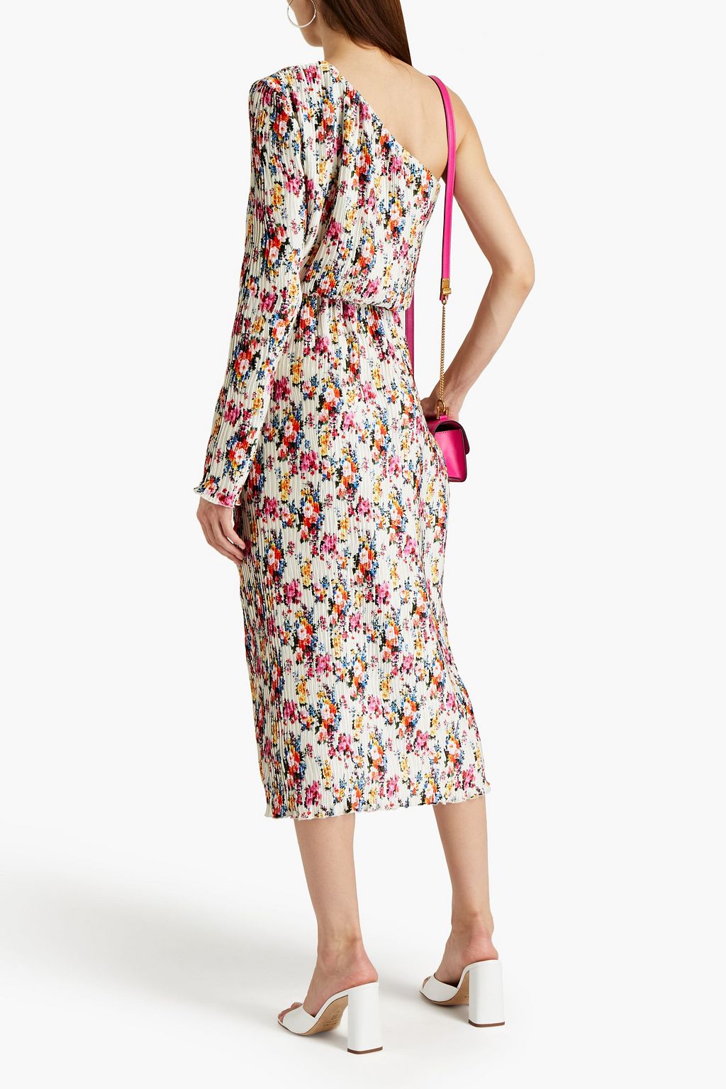 MSGM One-shoulder plissé floral-print satin midi dress