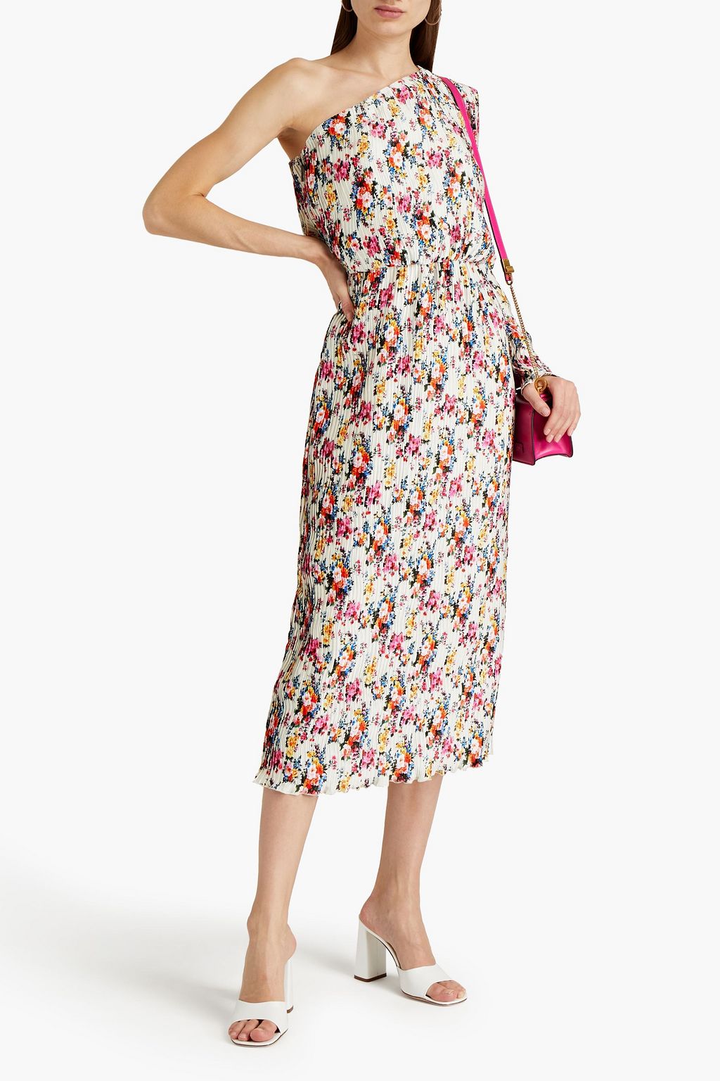 MSGM One-shoulder plissé floral-print satin midi dress