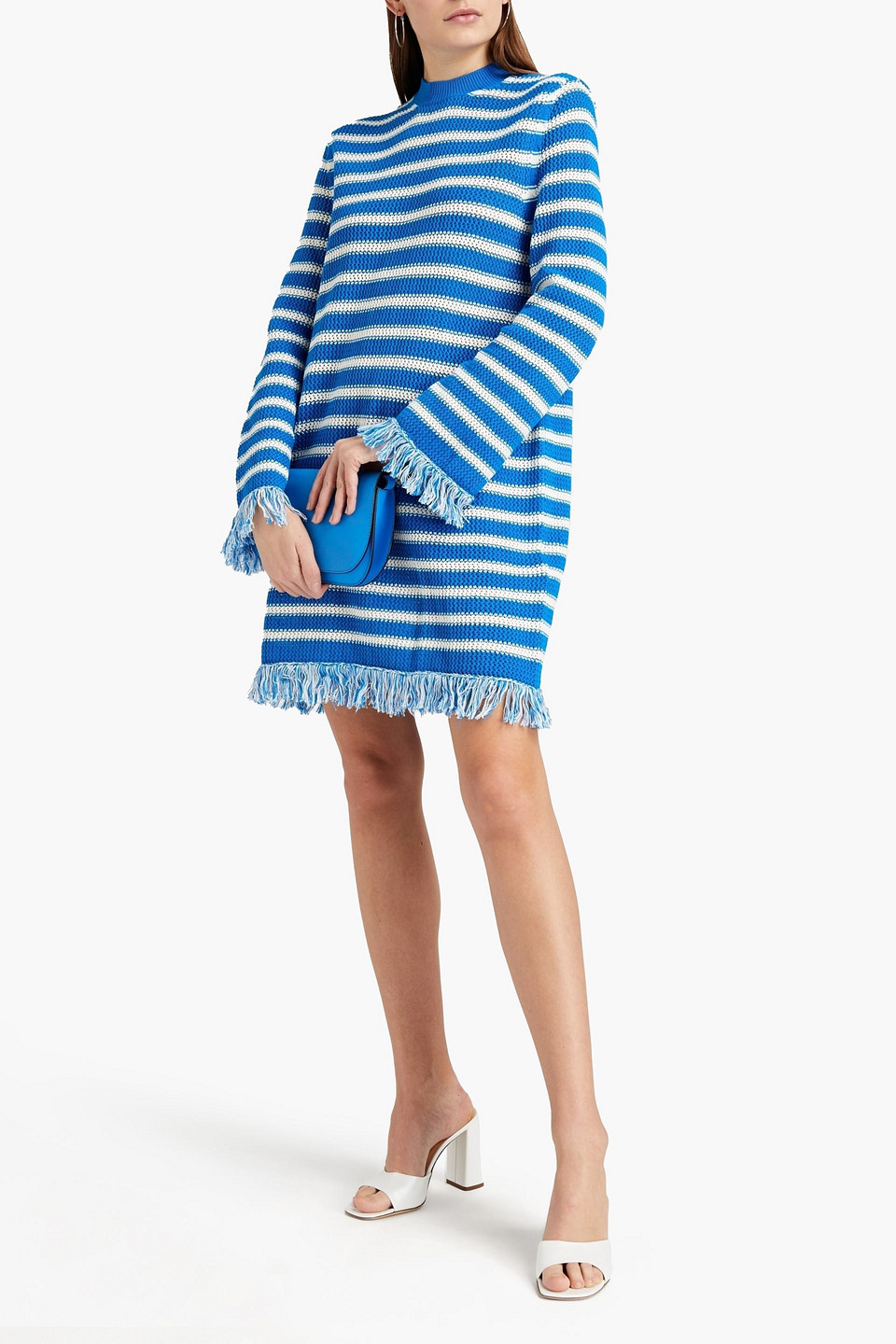 Msgm Fringed Striped Cotton Mini Dress In Blue