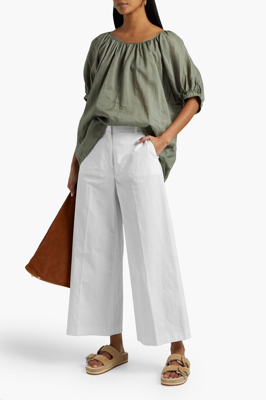 JOSEPH Cropped cotton and linen-blend poplin wide-leg pants