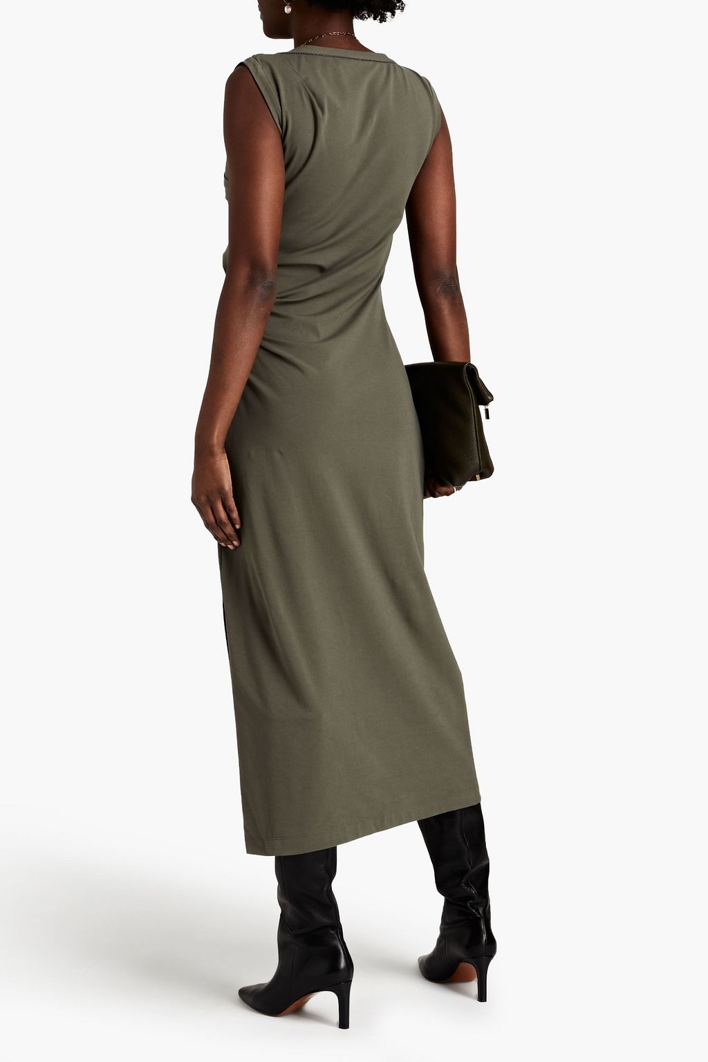 BRUNELLO CUCINELLI Bead-embellished draped stretch-cotton jersey midi dress
