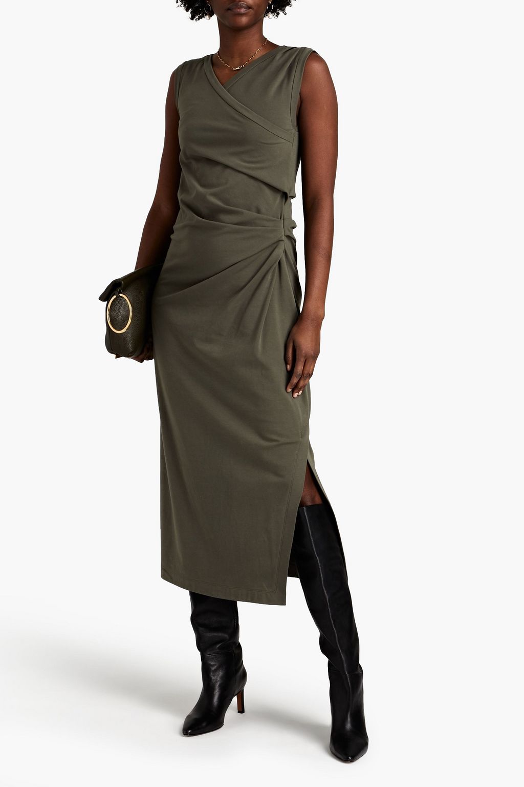BRUNELLO CUCINELLI Bead-embellished draped stretch-cotton jersey midi dress