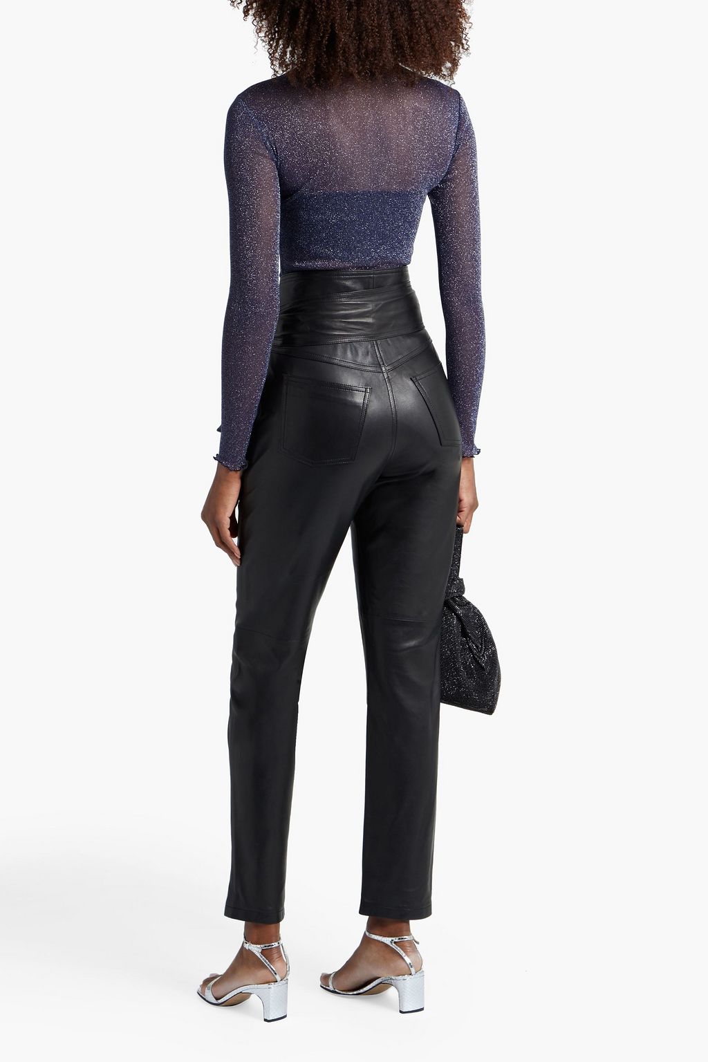 SIMKHAI Ruffle-trimmed metallic stretch-mesh turtleneck top