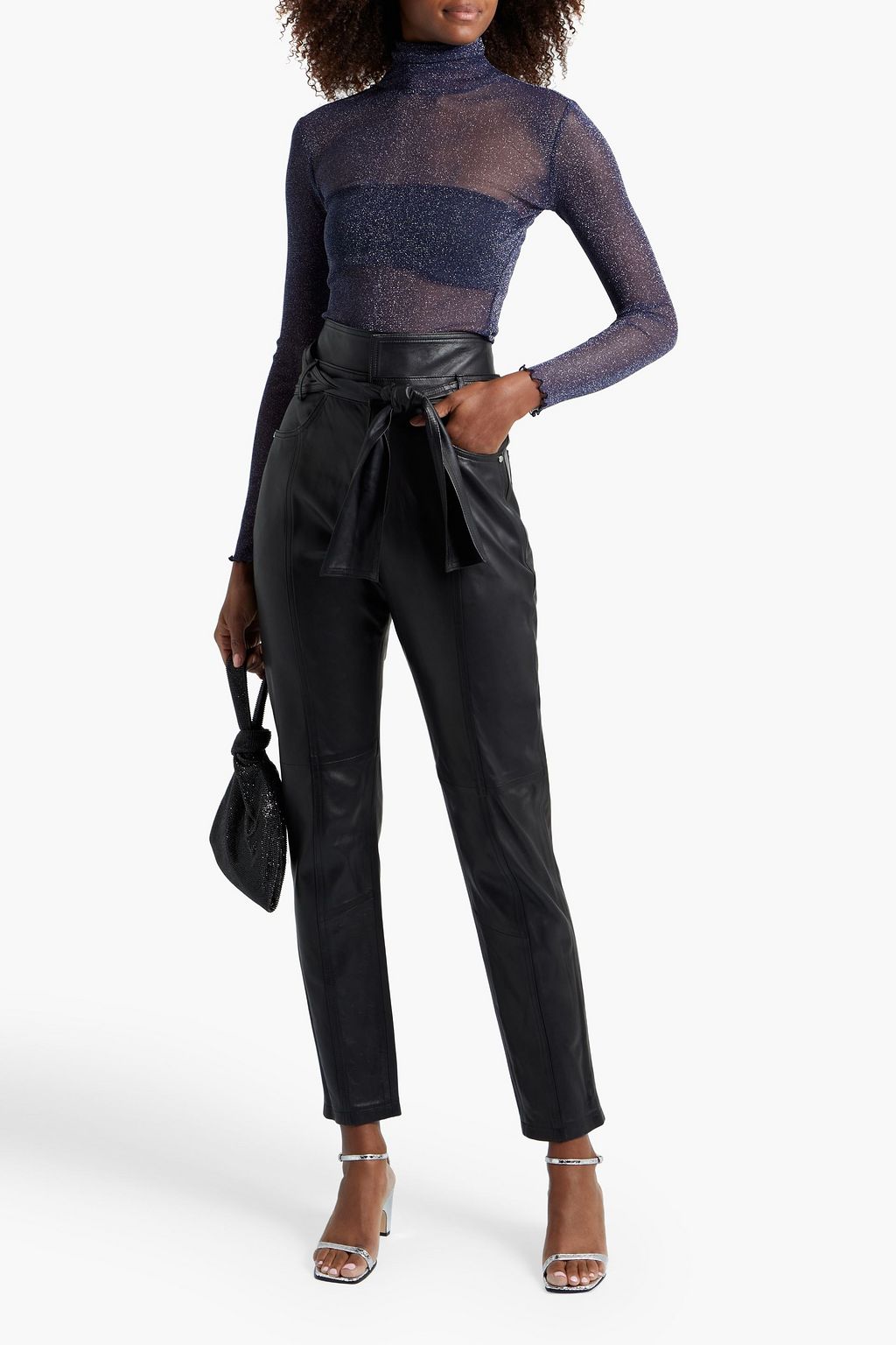 SIMKHAI Ruffle-trimmed metallic stretch-mesh turtleneck top