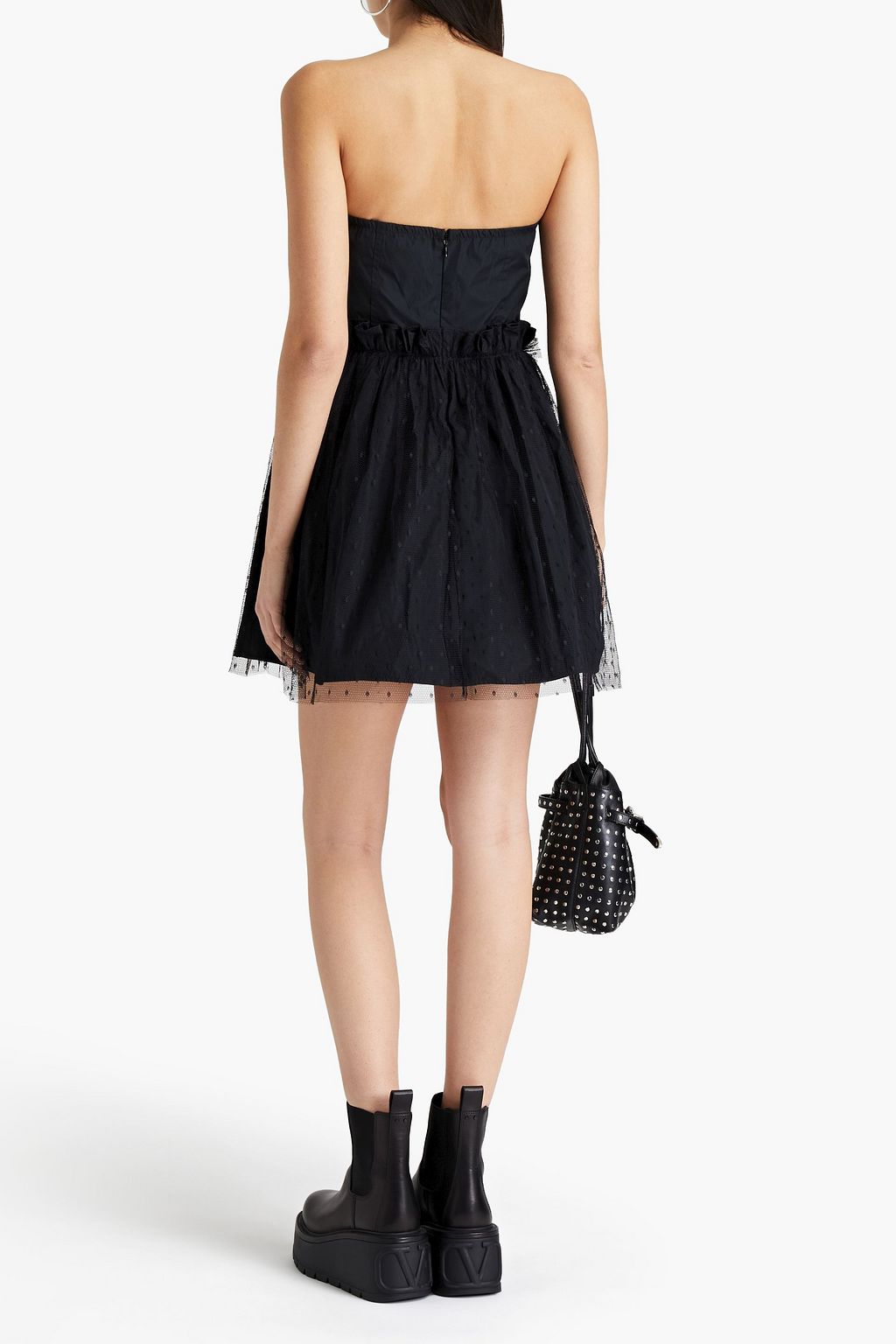 REDVALENTINO Strapless point d'esprit-paneled ruffled taffeta mini dress