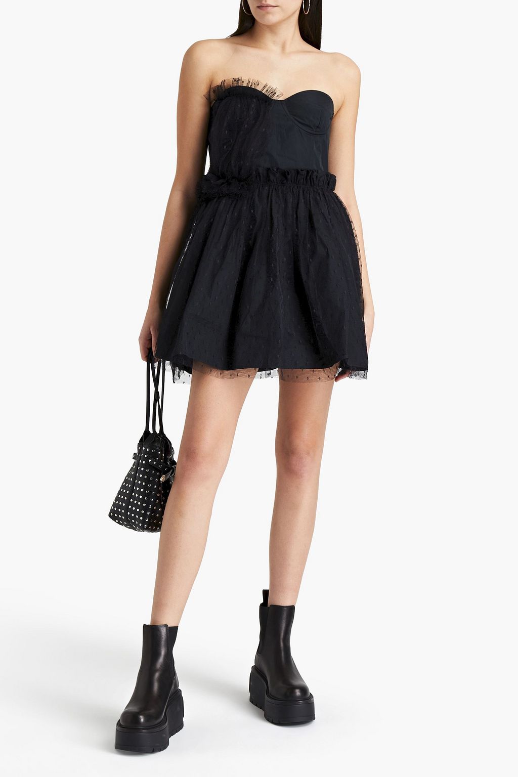 REDVALENTINO Strapless point d'esprit-paneled ruffled taffeta mini ...