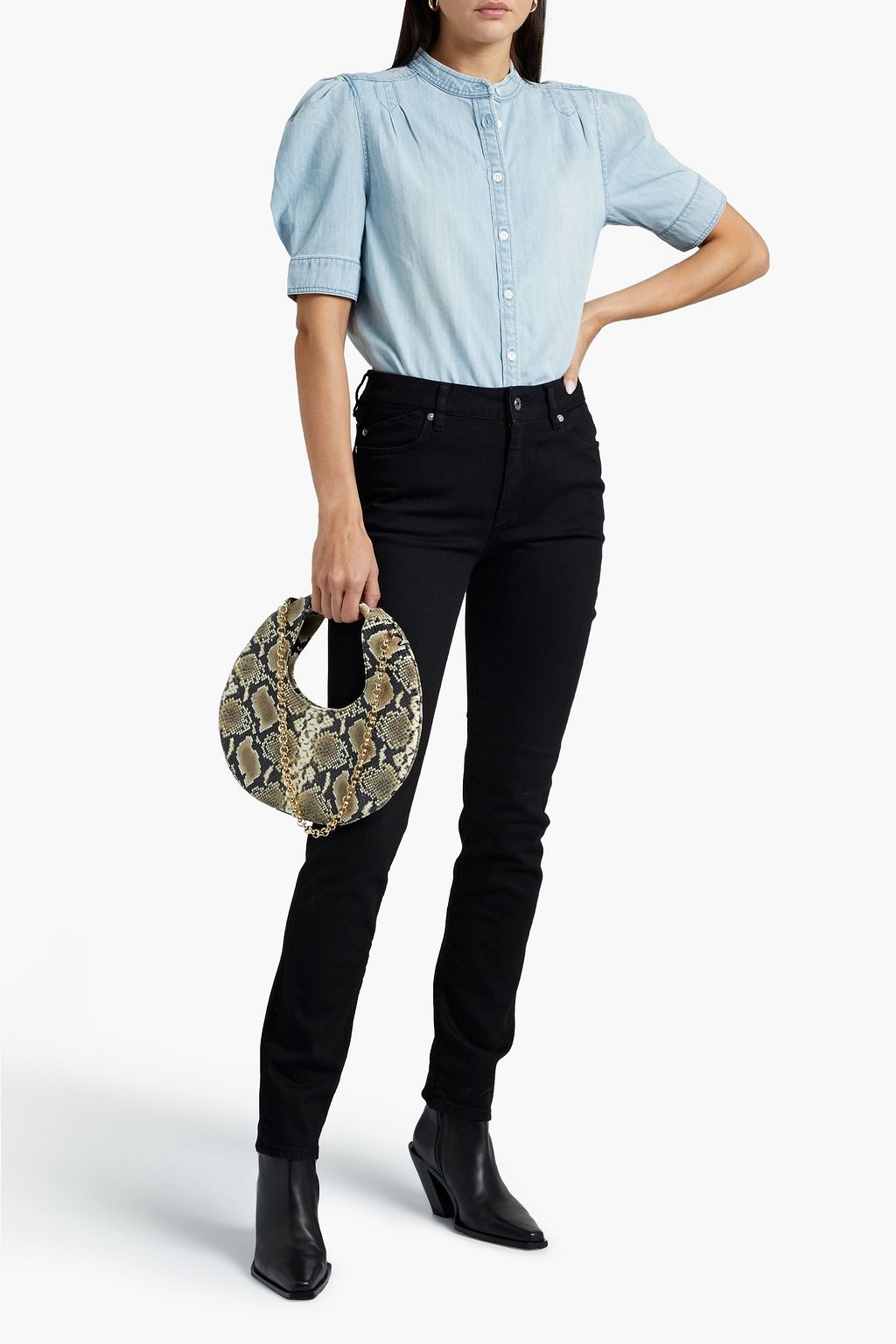 FRAME Charlie pleated cotton-blend chambray blouse