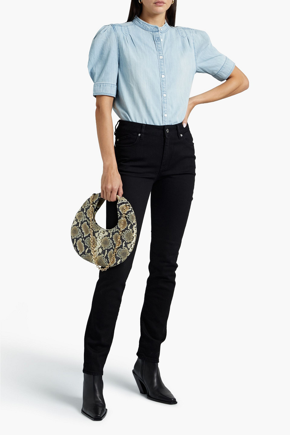 Frame Charlie Pleated Cotton-blend Chambray Blouse In Light Denim