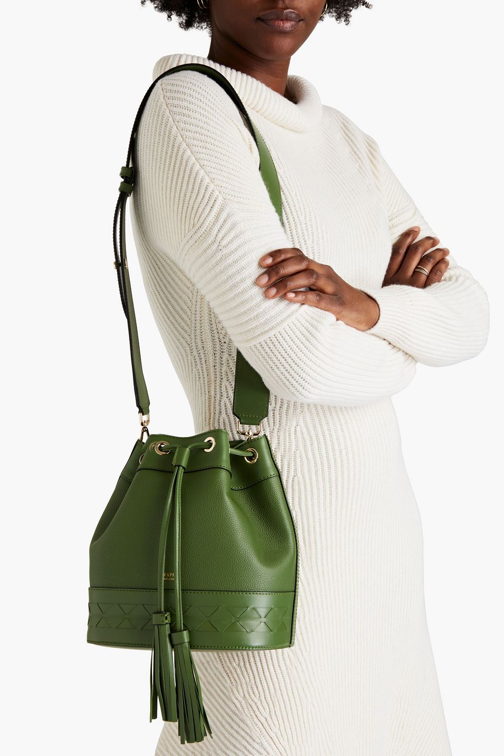 SERAPIAN Tasseled pebbled and mosaico leather bucket bag