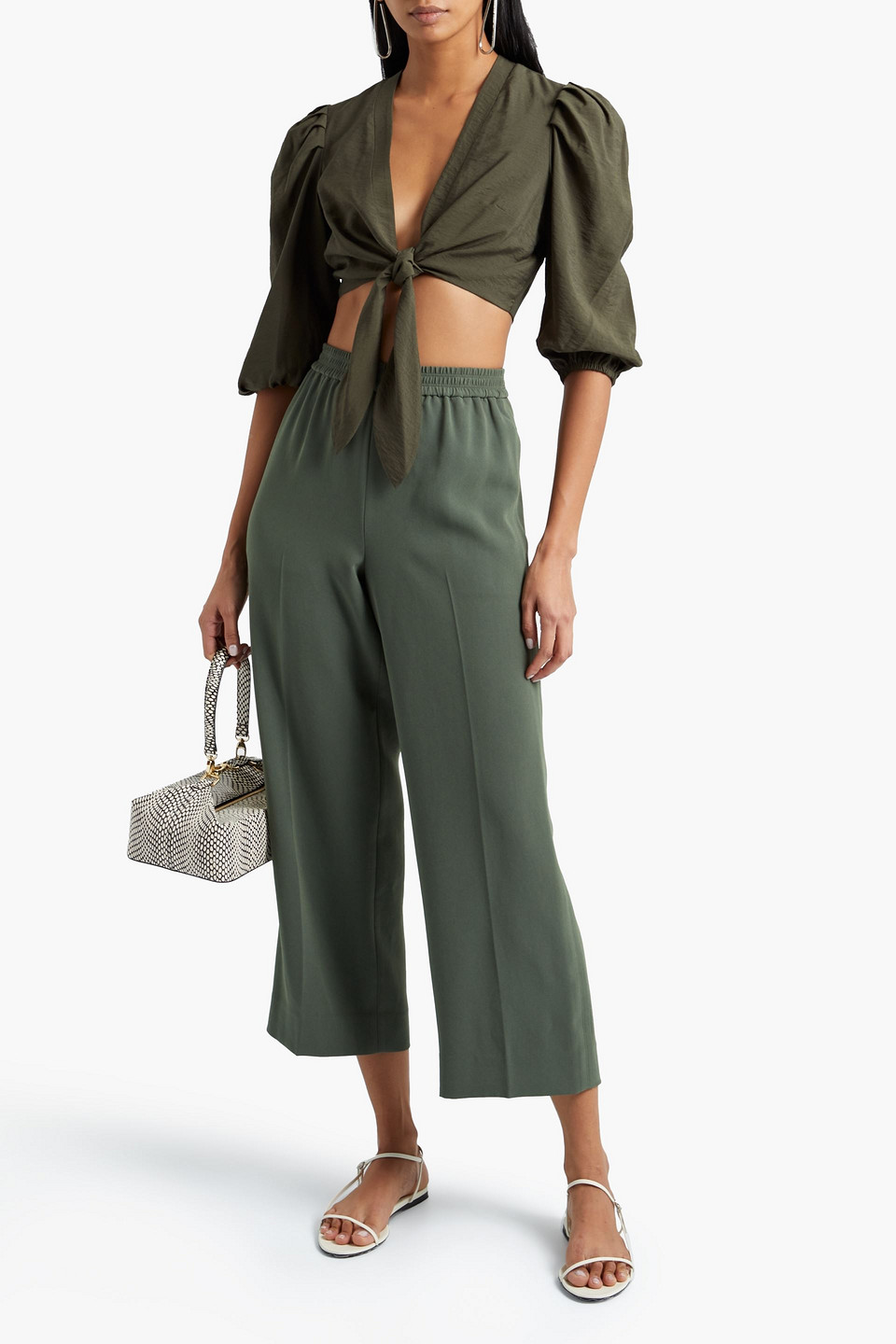Simkhai Cropped Tie-front Crinkled-woven Top In Army Green