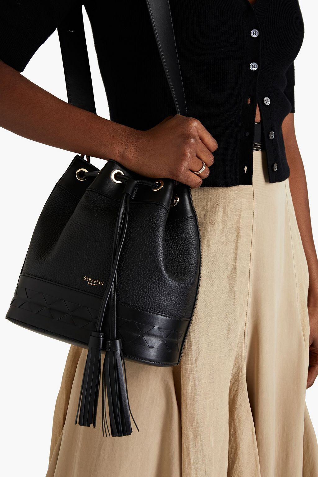 SERAPIAN Tasseled pebbled and mosaico leather bucket bag
