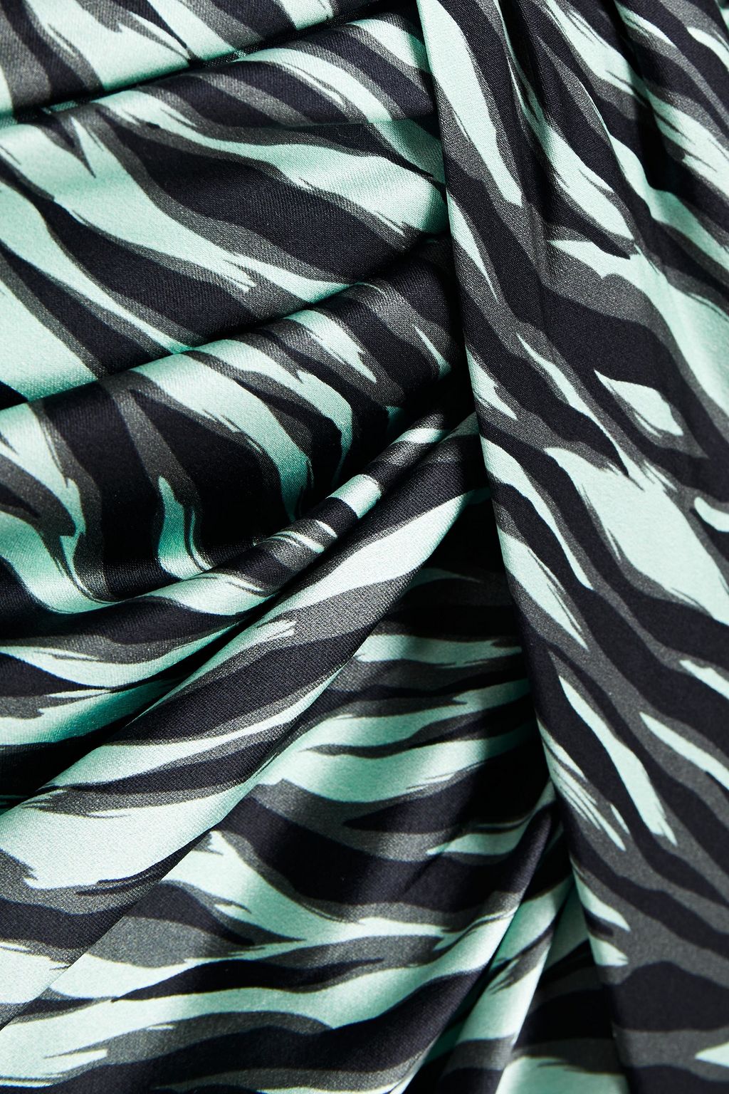 SIMKHAI Ruched zebra-print stretch-silk satin midi skirt