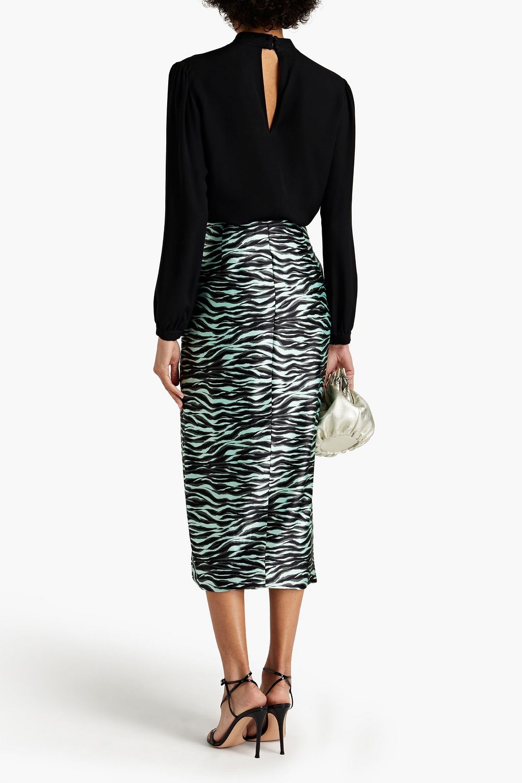 SIMKHAI Ruched zebra-print stretch-silk satin midi skirt