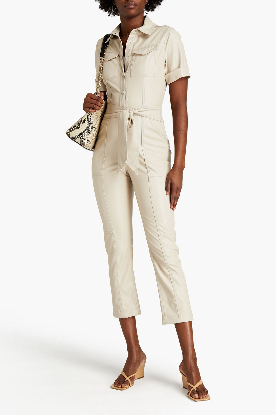 Simkhai Cropped Tie-front Faux Leather Jumpsuit In Neutrals