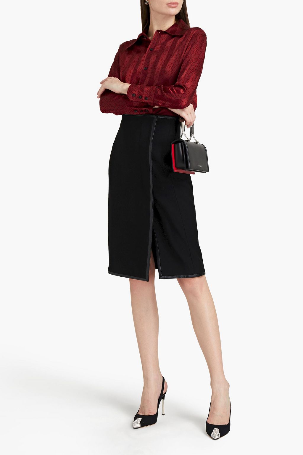 SAINT LAURENT Leather-trimmed wool-felt wrap skirt