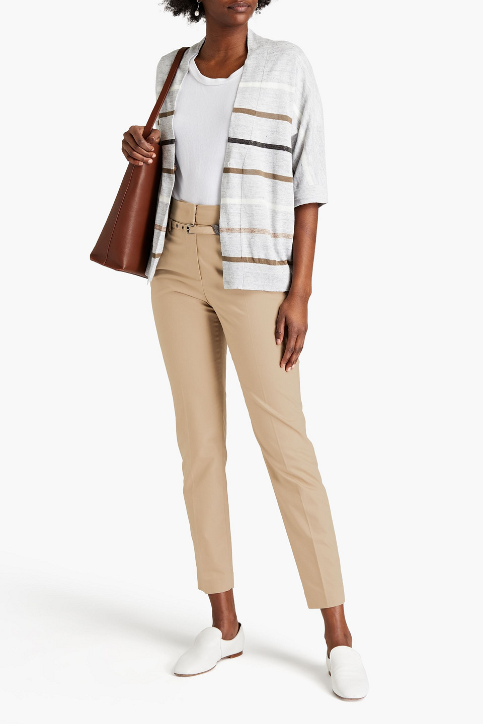 Brunello Cucinelli Bead-embellished Belted Cotton-blend Twill Tapered Trousers In White