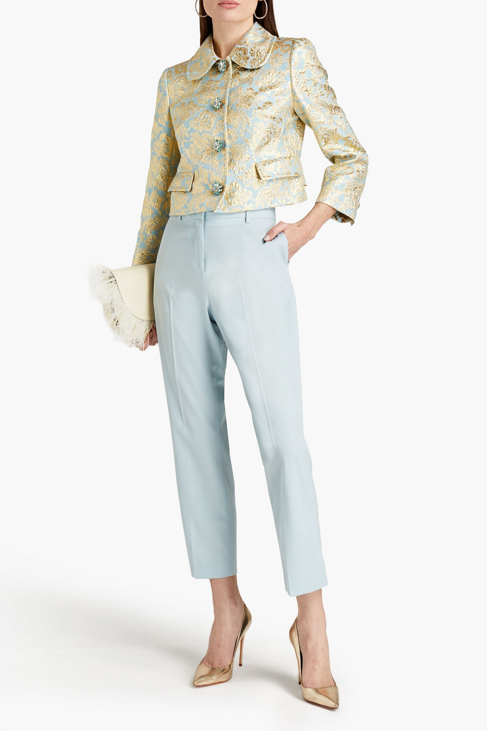 Dolce & Gabbana Cropped Embellished Metallic Brocade Jacket In Green