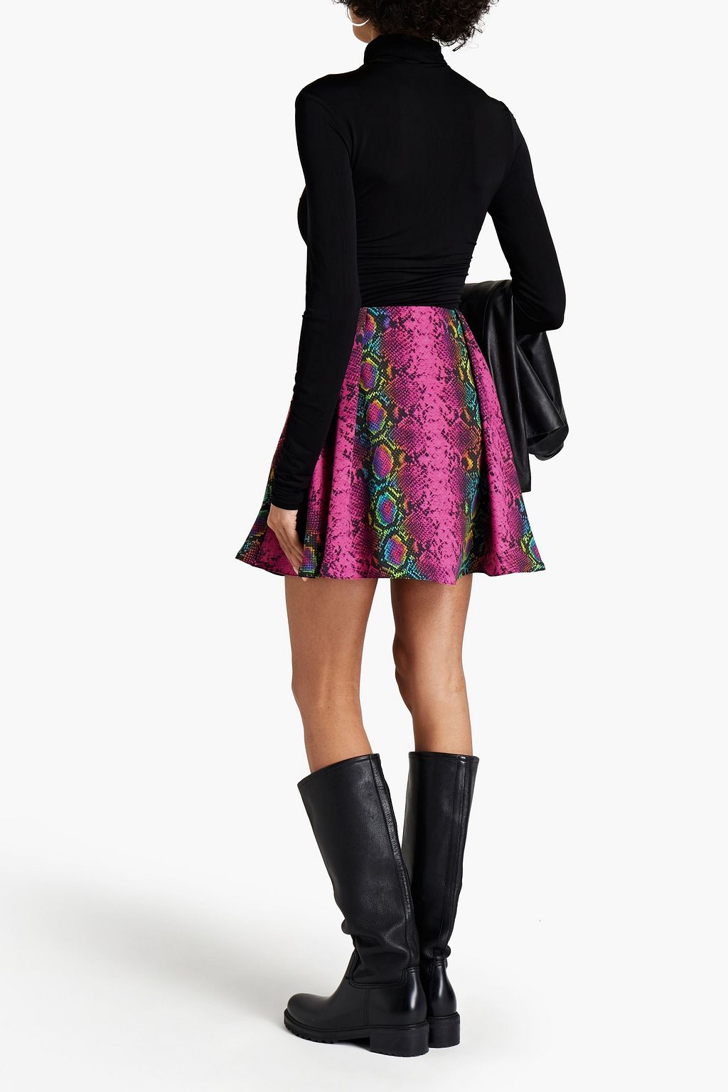 VERSACE Gathered snake-print crepe mini skirt