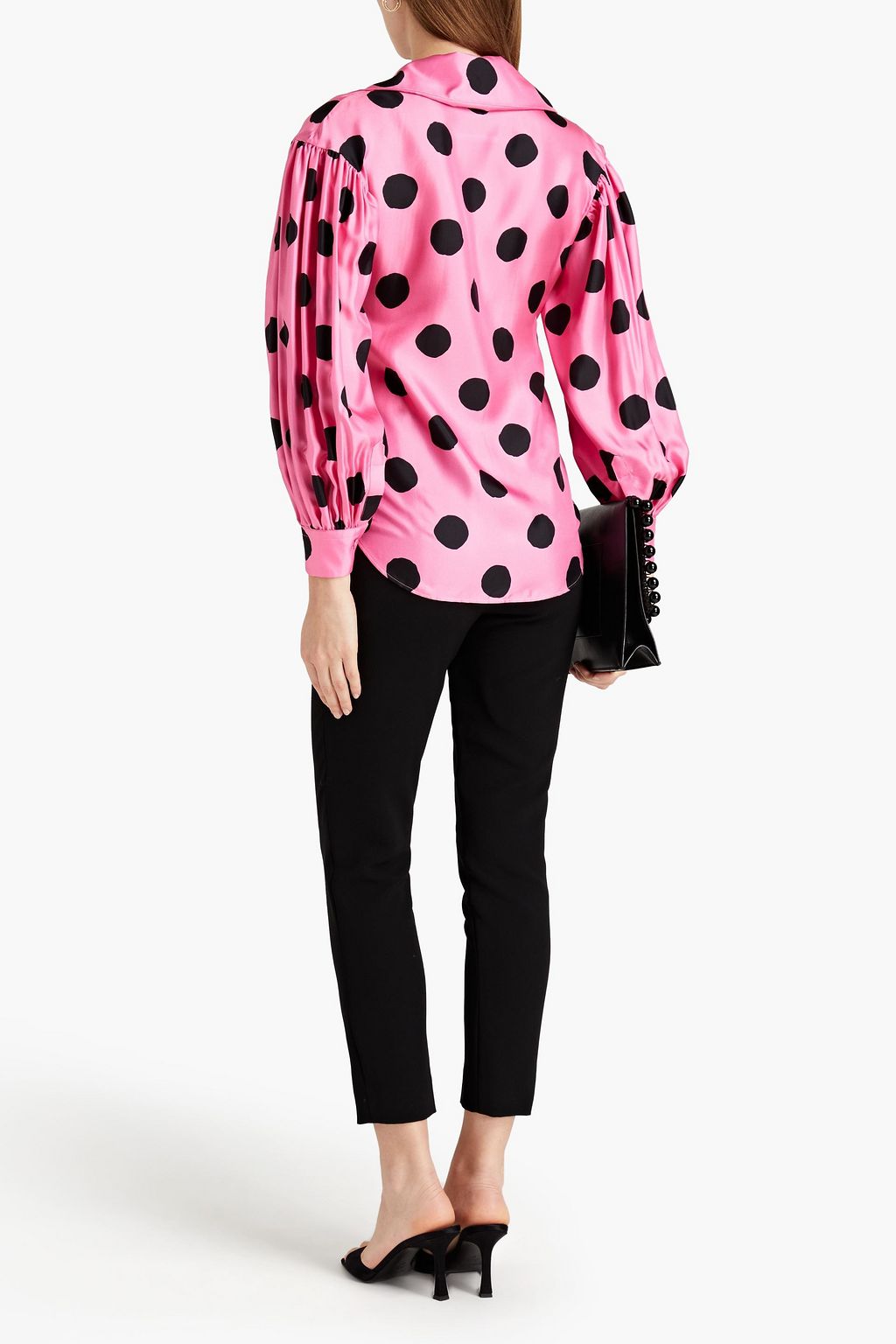 MOSCHINO Gathered polka-dot silk-twill blouse