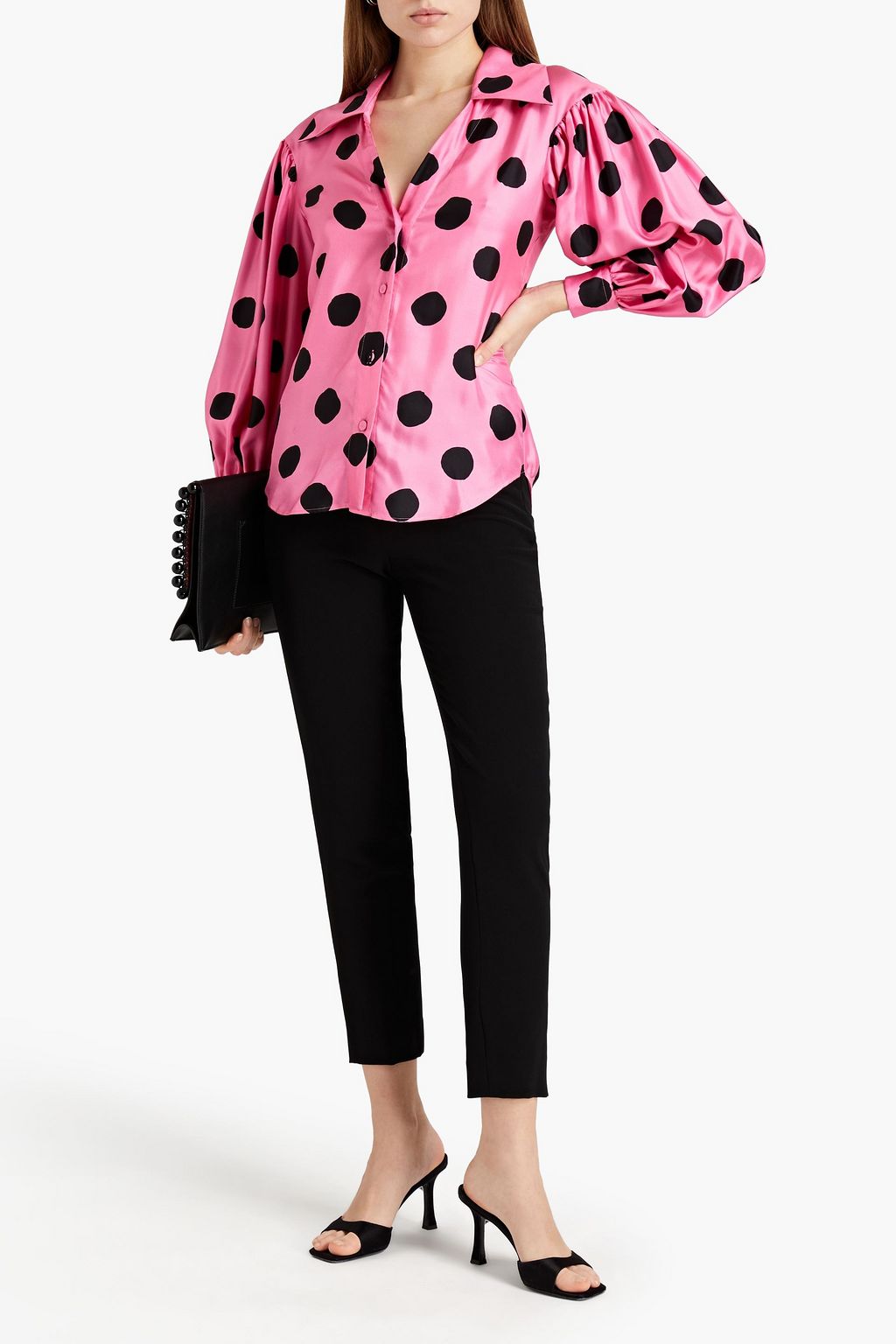MOSCHINO Gathered polka-dot silk-twill blouse