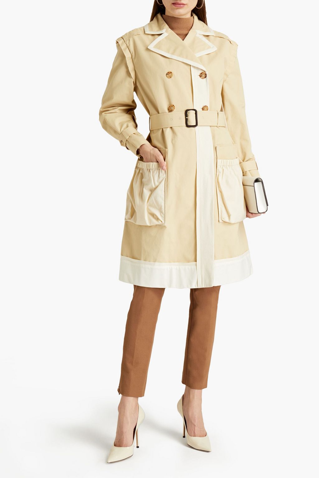 MOSCHINO Leather-trimmed two-tone faille trench coat
