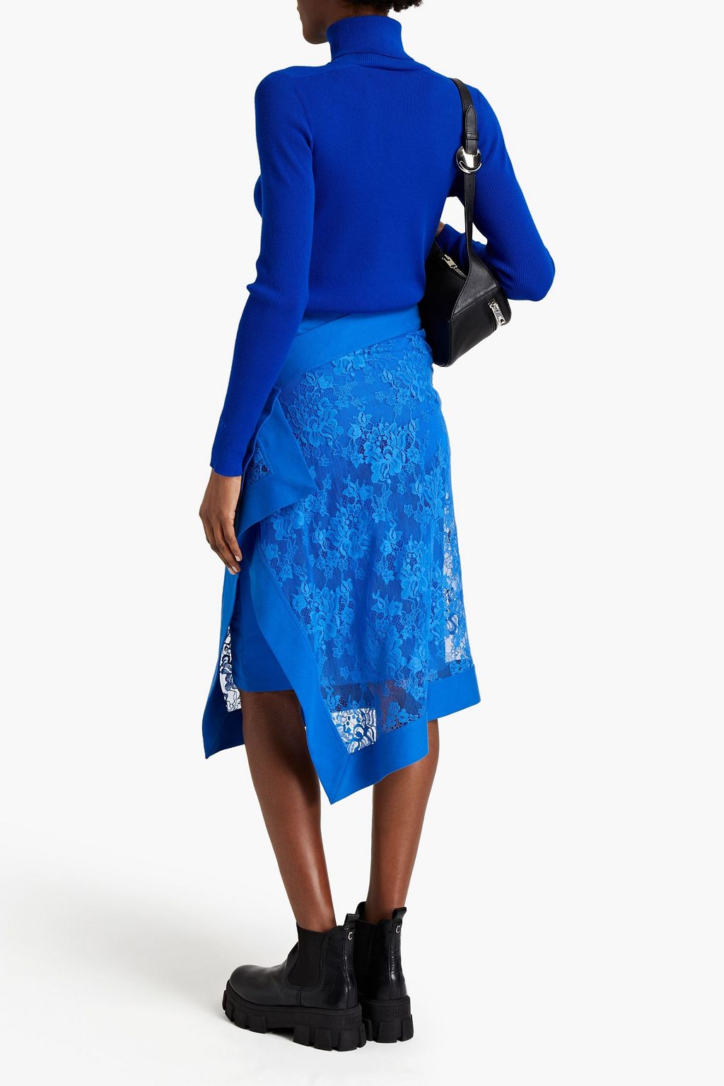 KENZO Asymmetric lace-paneled layered cotton-blend jersey wrap skirt