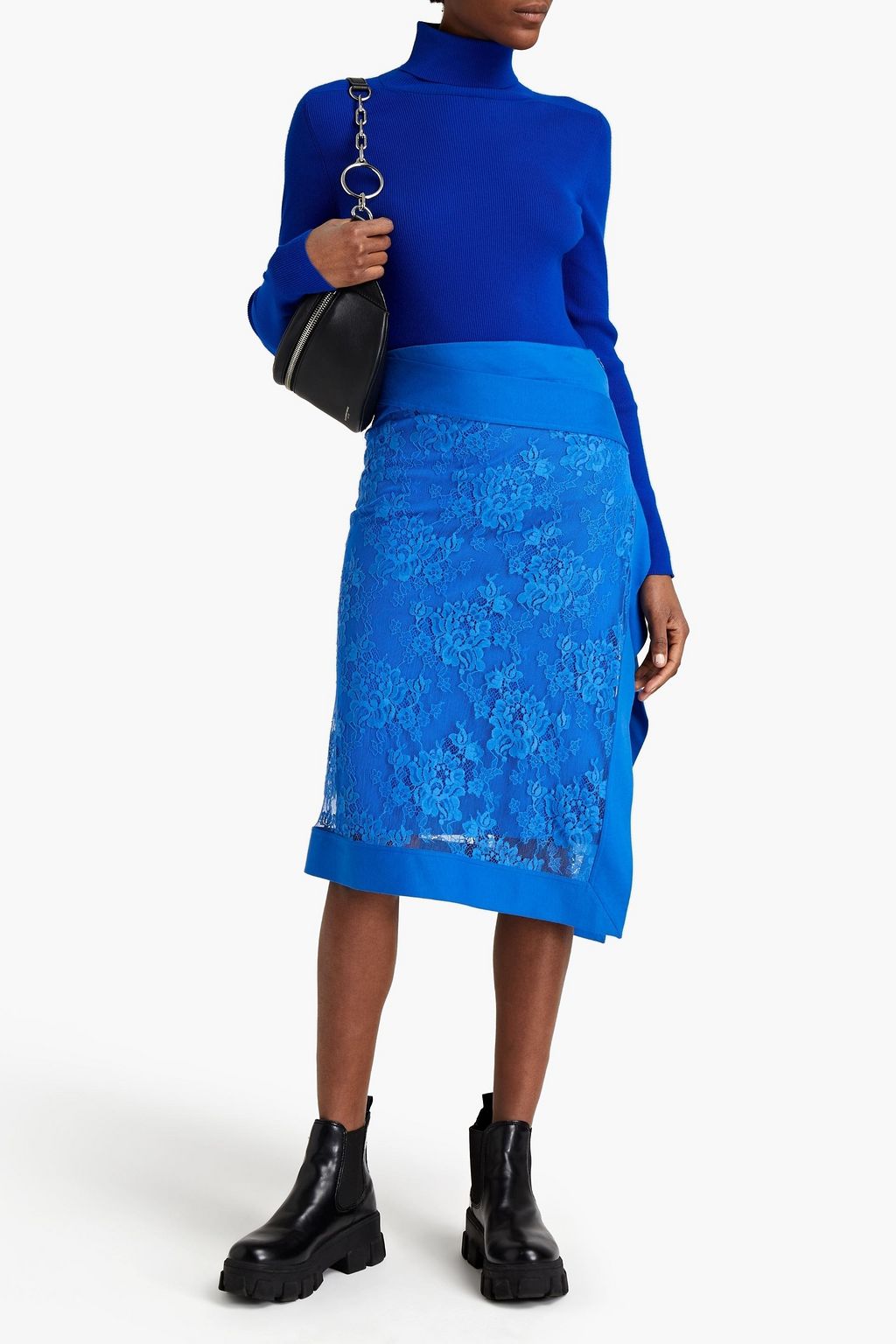 KENZO Asymmetric lace-paneled layered cotton-blend jersey wrap skirt