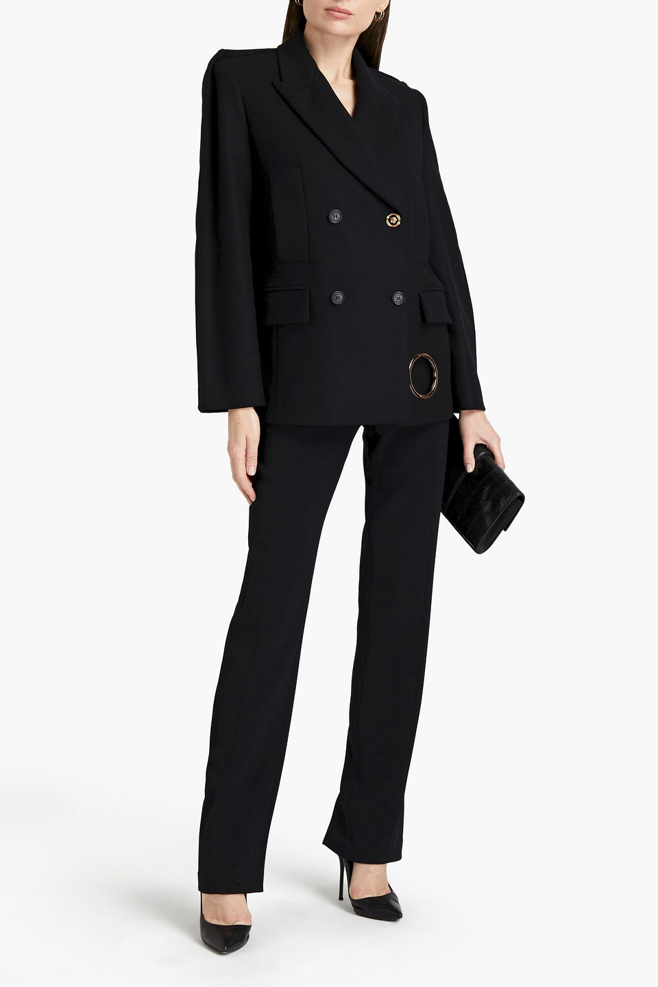 Versace Double-breasted Embellished Wool-felt Coat In Black