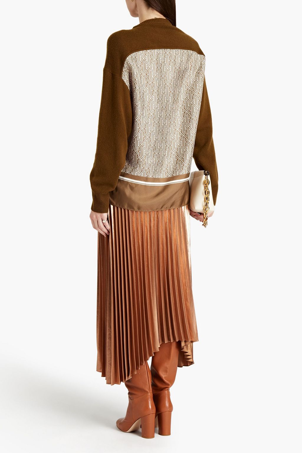 CHLOÉ Printed silk twill-paneled cashmere sweater