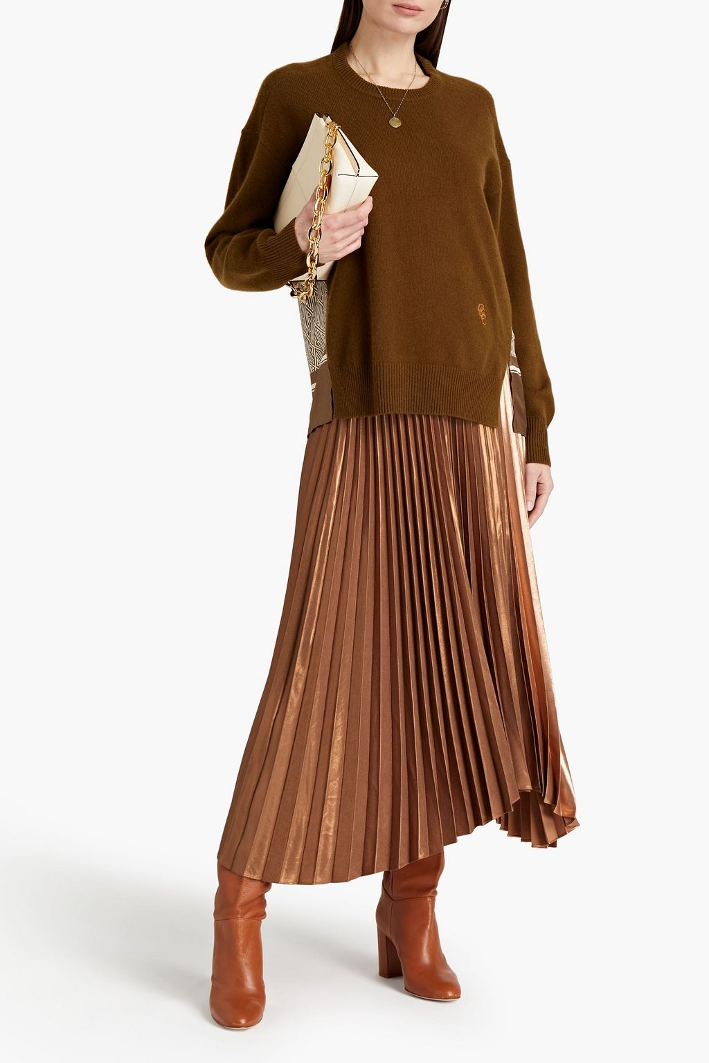 CHLOÉ Printed silk twill-paneled cashmere sweater