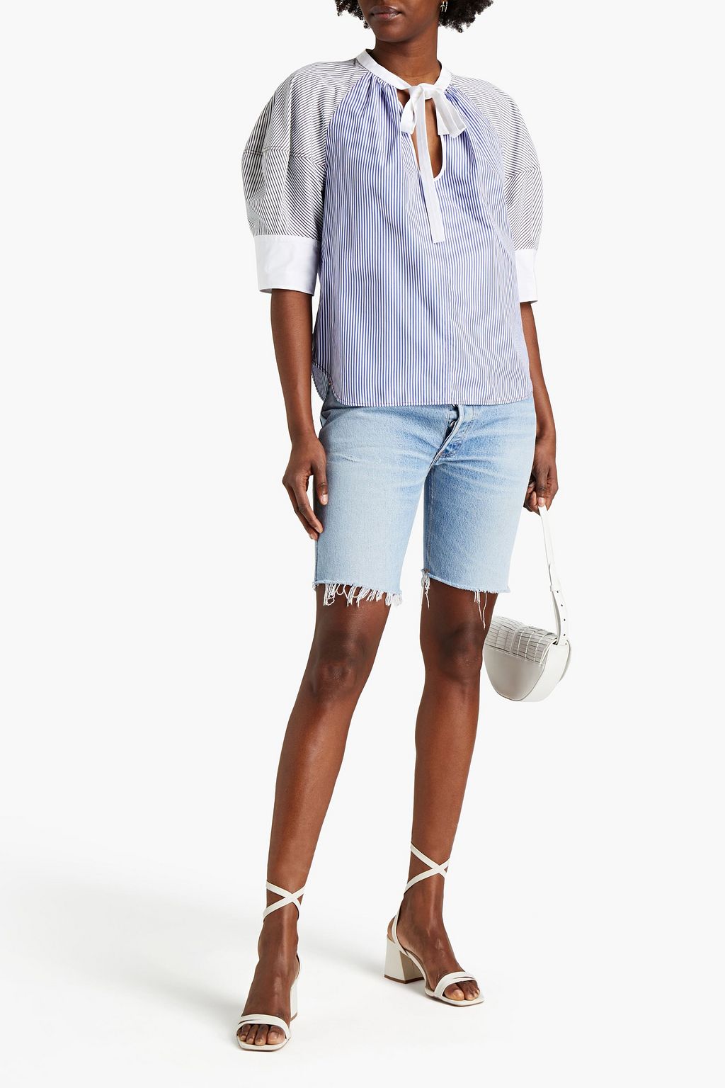CHLOÉ Gathered striped cotton-poplin top
