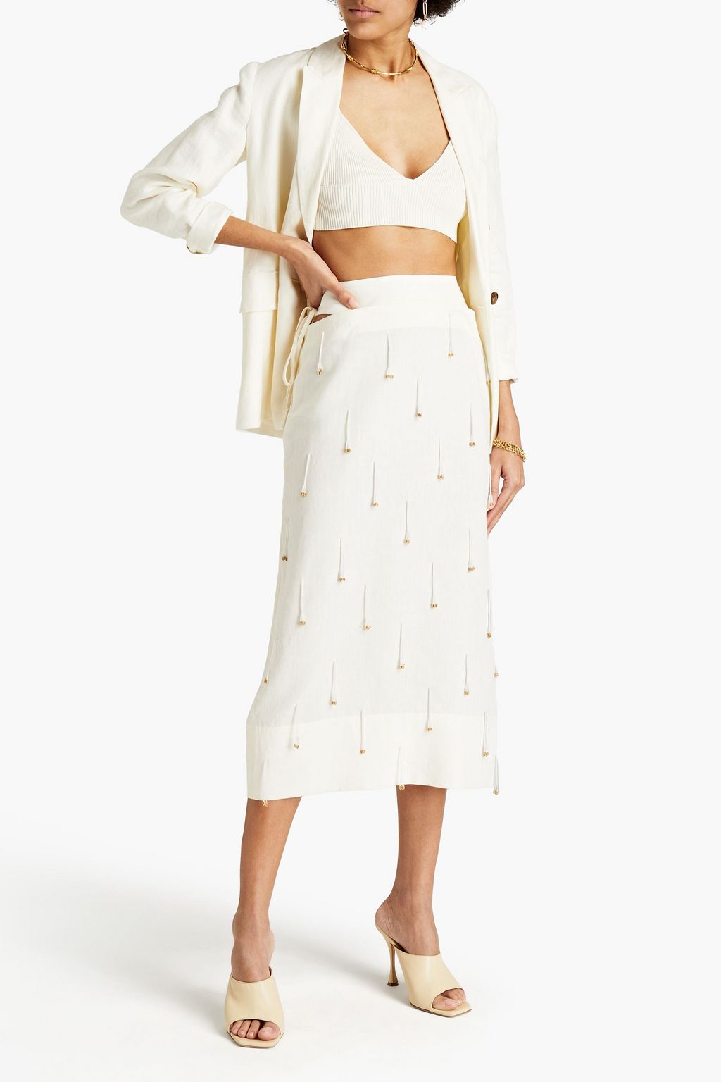 JACQUEMUS La Jupe Blé cutout embellished linen-canvas midi skirt