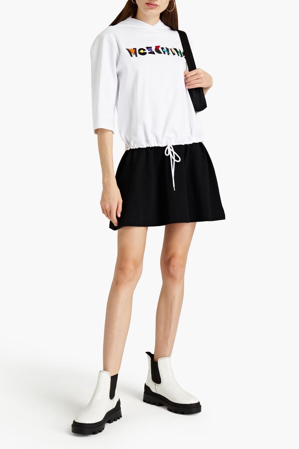 MOSCHINO Embroidered two-tone stretch-cotton jersey hooded mini dress