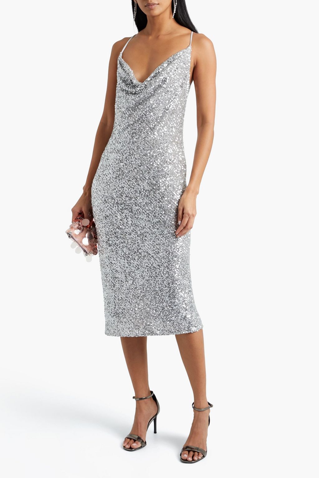 ONE33 SOCIAL Draped sequined stretch-mesh midi dress