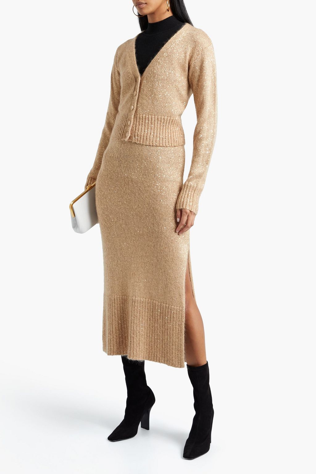 ALTUZARRA Sequin-embellished metallic knitted midi skirt