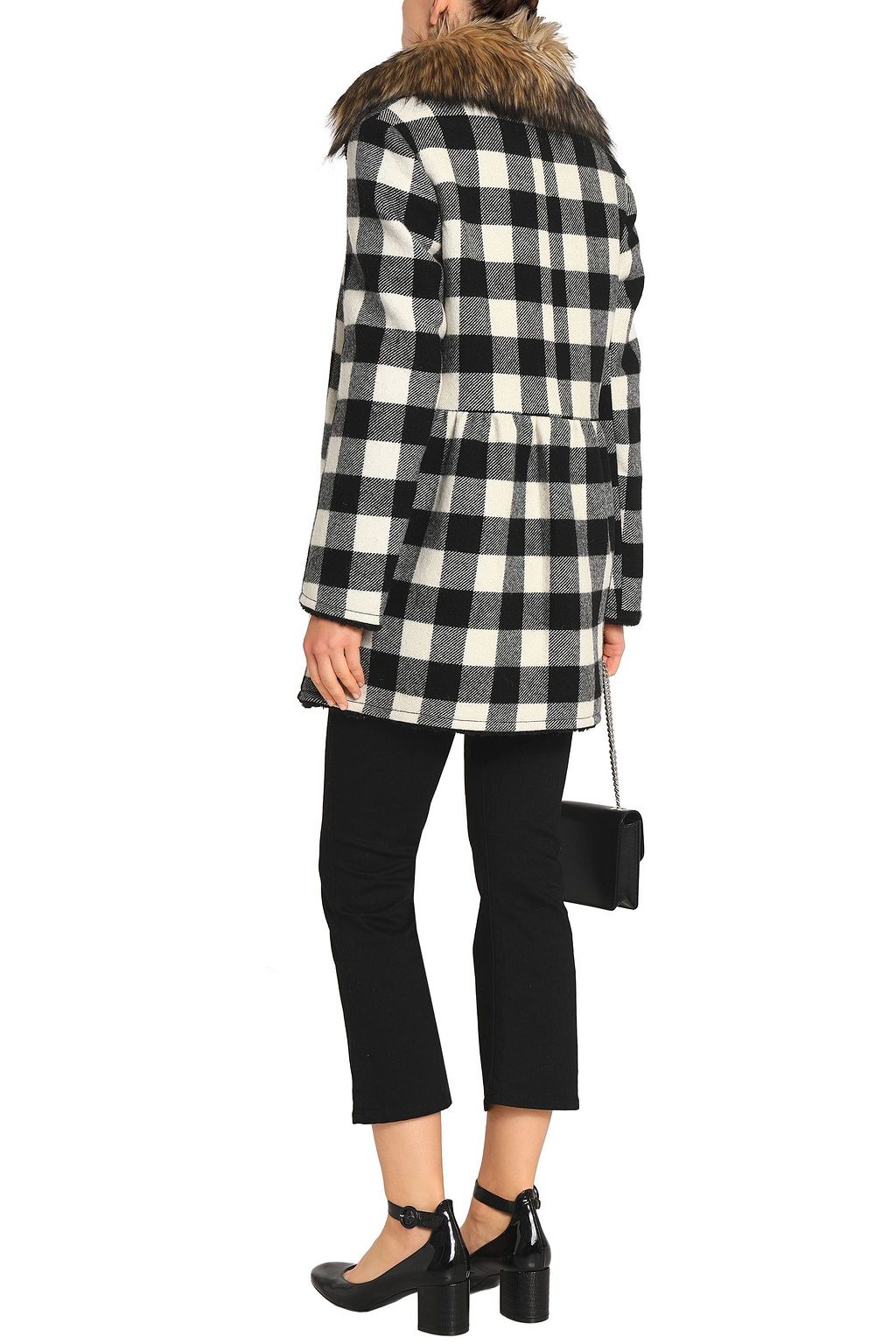 REDVALENTINO Faux fur-trimmed checked wool coat