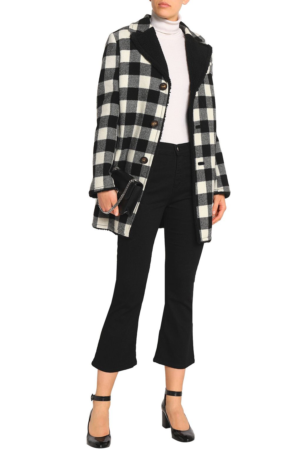 REDVALENTINO Faux fur-trimmed checked wool coat