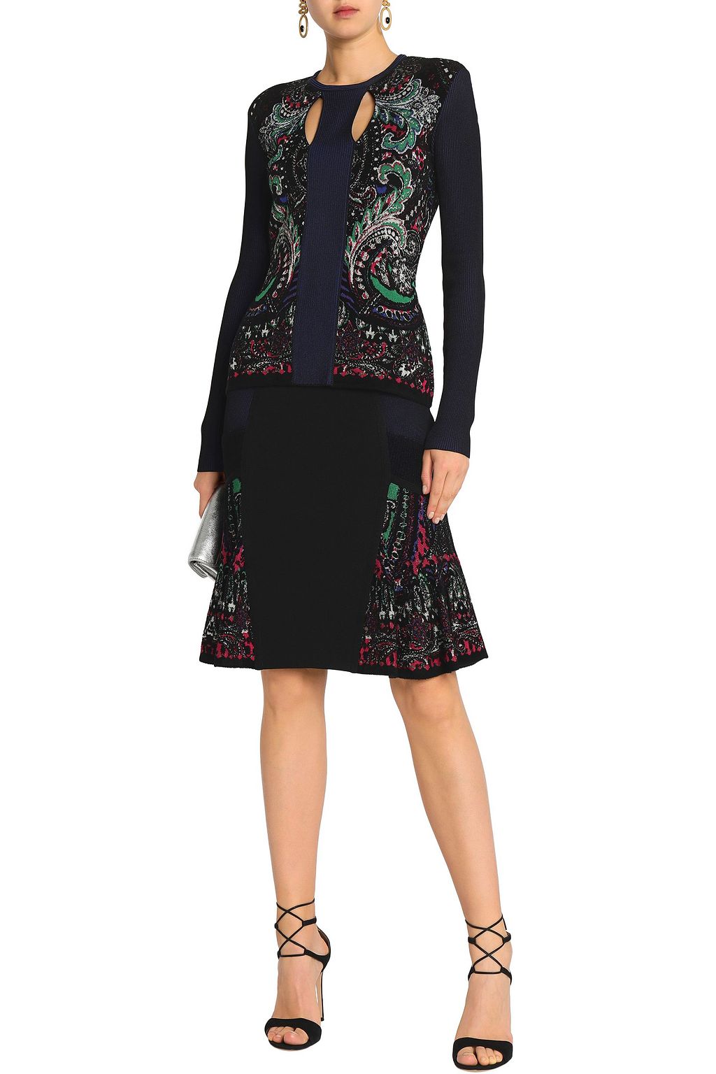 ROBERTO CAVALLI Paneled metallic stretch-ponte skirt