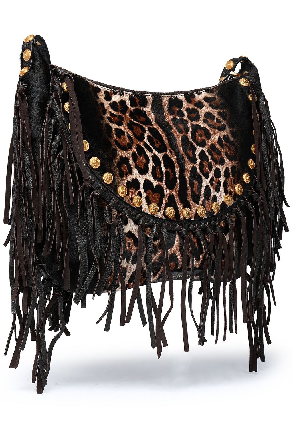VALENTINO GARAVANI Leather fringe-trimmed leopard-print calf hair shoulder bag