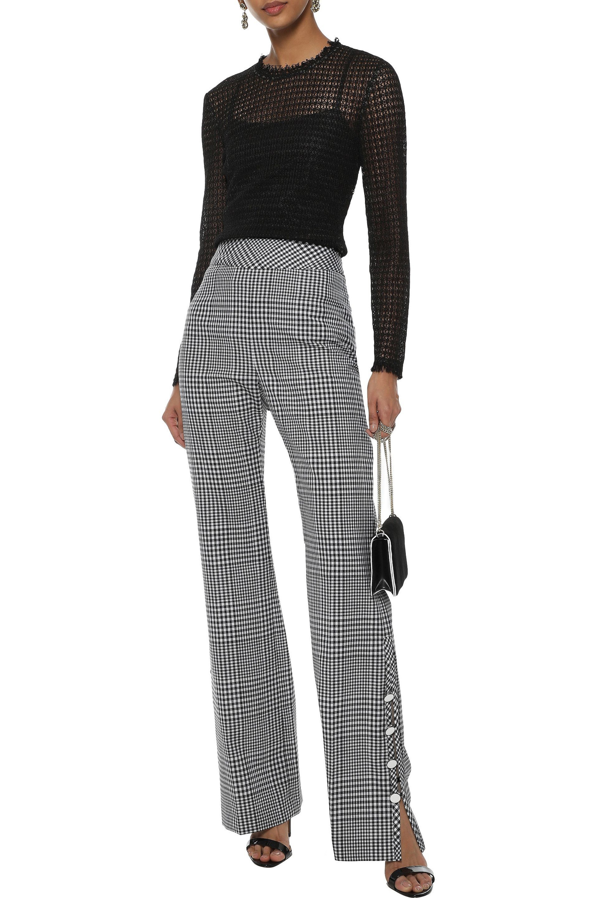 LELA ROSE Button-detailed gingham wool bootcut pants