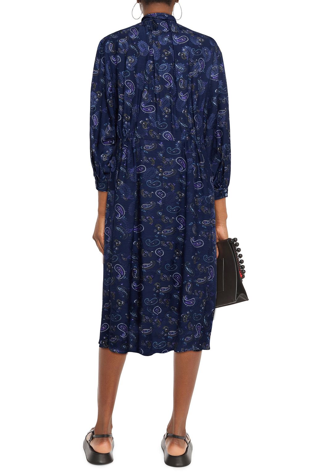 ACNE STUDIOS Tie-neck gathered printed satin-jacquard midi dress