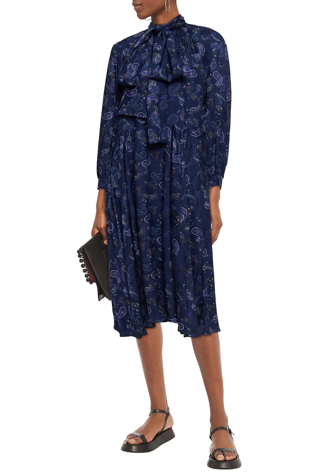 ACNE STUDIOS Tie-neck gathered printed satin-jacquard midi dress