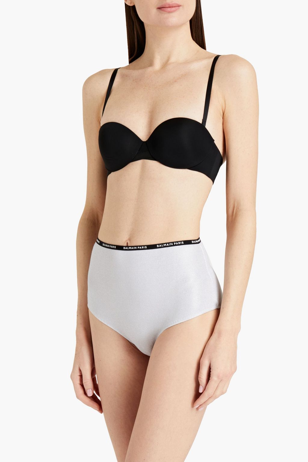 BALMAIN Metallic ribbed cotton-blend jersey high-rise briefs