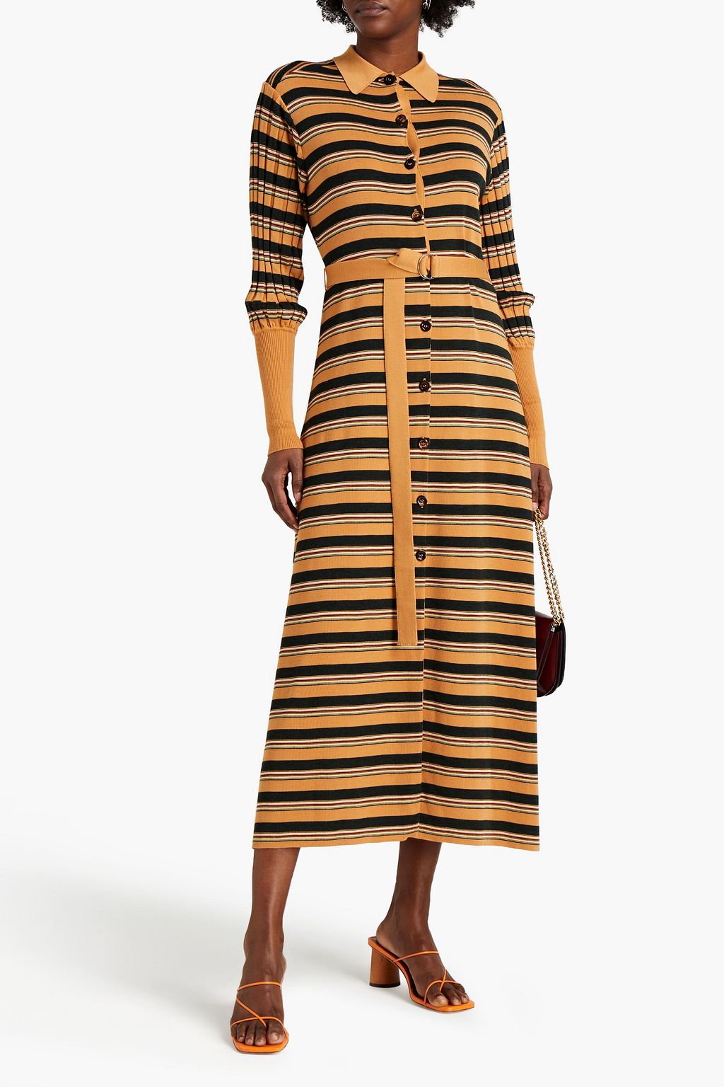CHLOÉ Belted striped wool-blend midi shirt dress