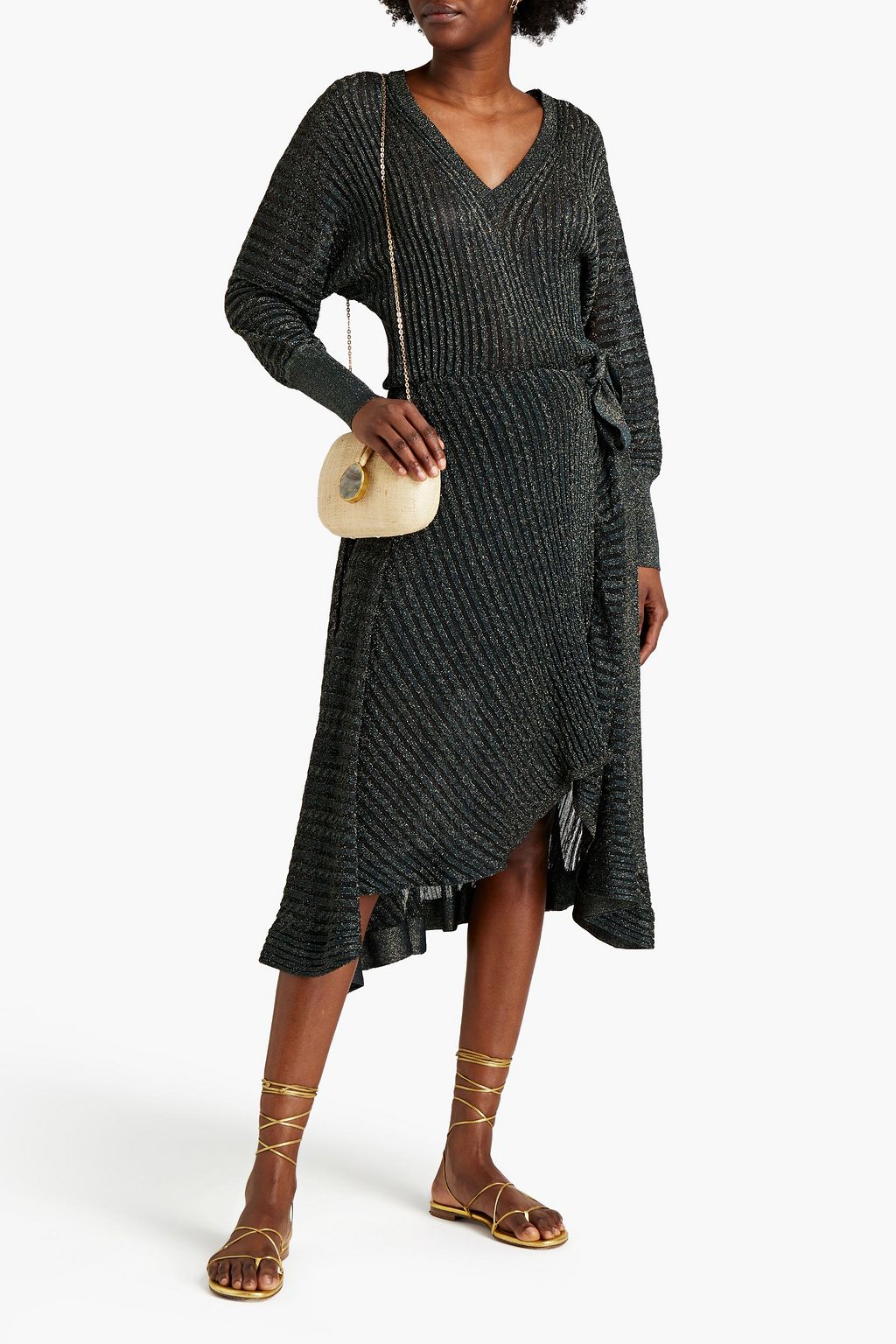 CHLOÉ Belted metallic ribbed-knit midi dress