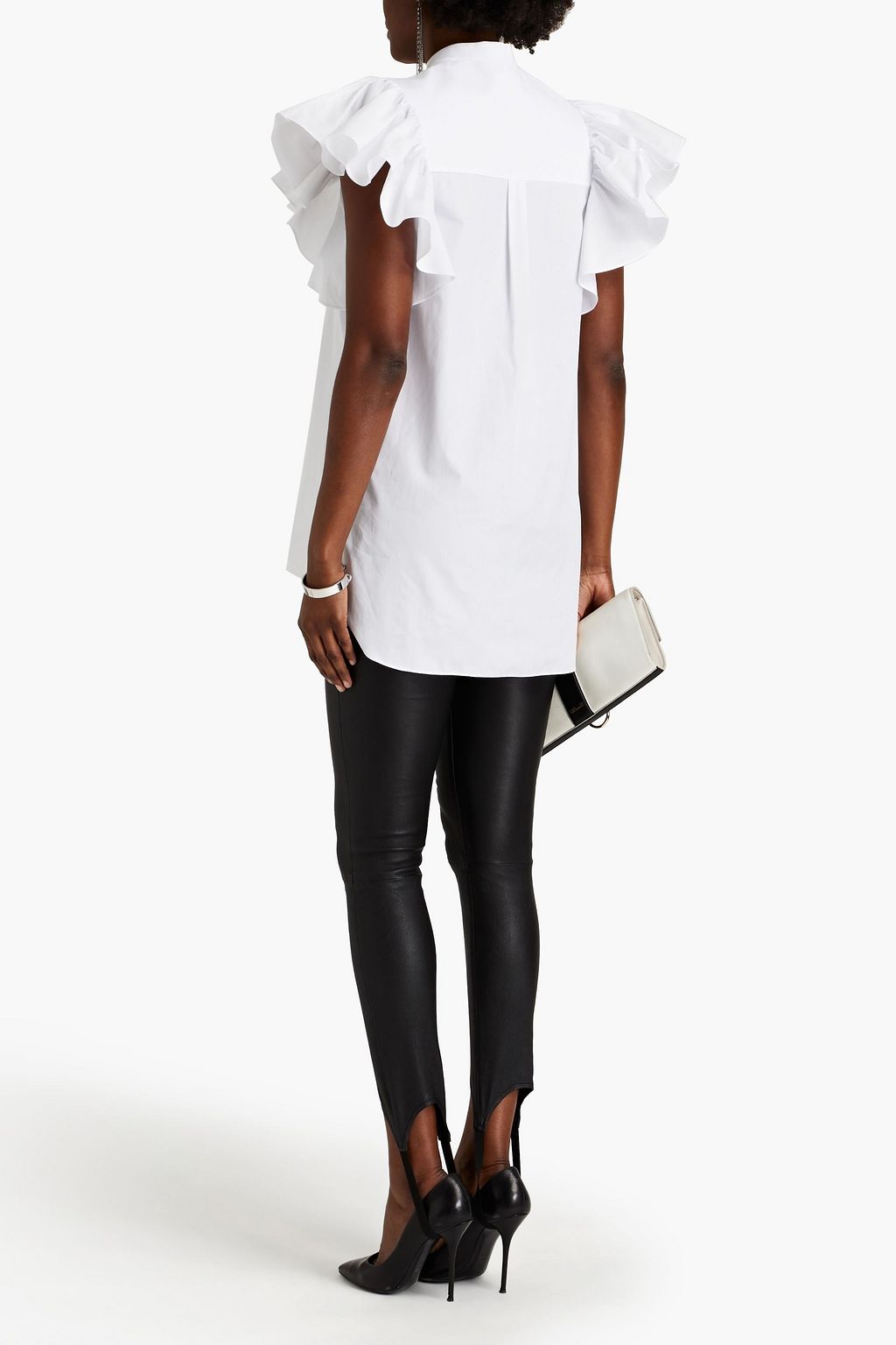 MCQUEEN Piqué-paneled ruffled cotton-poplin blouse